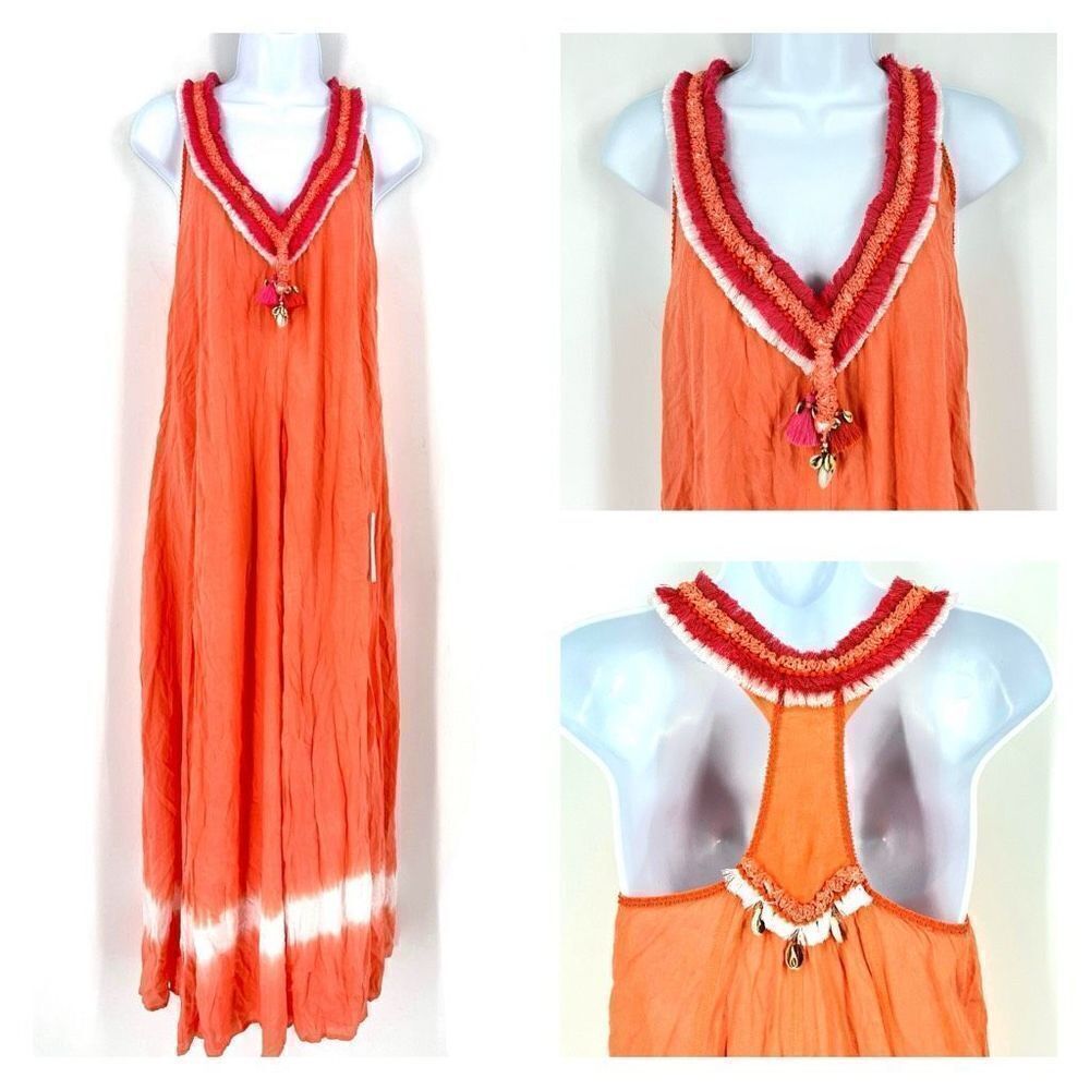NWT Poupette St Barth Women's Tie-Dye Sleeveless‎ Maxi Dress Orange Pink Size XS